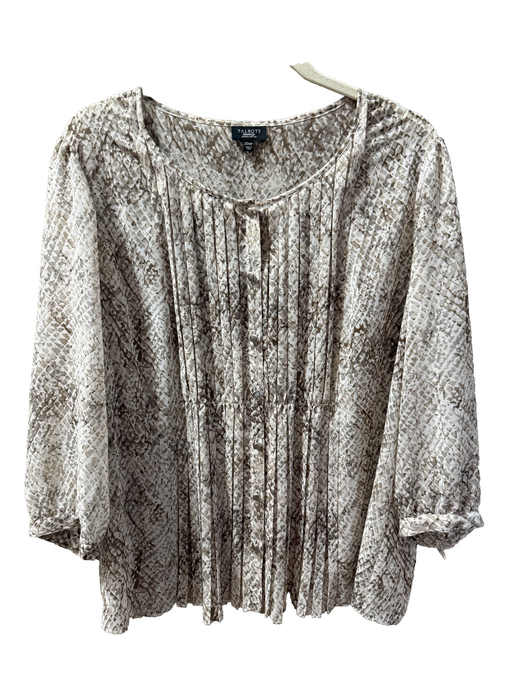 Talbots Sheer Brown Snakeskin Blouse SIze 20 Petite Front Pleats Boho Peasant